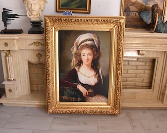 Vintage French Aristocratic Lady Portrait Print on Ornate Gold Frame Canvas Wall Art