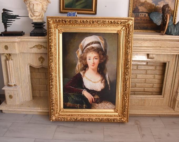 Vintage French Aristocratic Lady Portrait Print on Ornate Gold Frame Canvas Wall Art