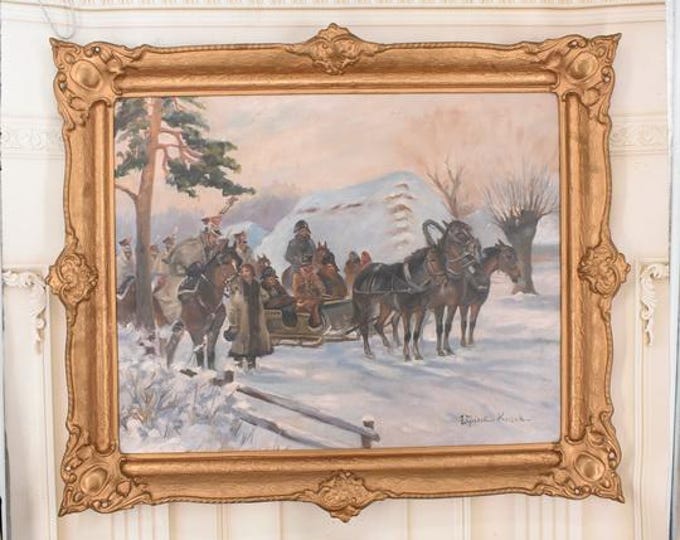 Antique Military Winter Scene - Oil on Canvas - Mounted Soldiers and Sleigh - Circa 1920s Style