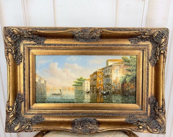 Venetian Canal Painting on Wood - Italian Cityscape - Ornate Gold Frame