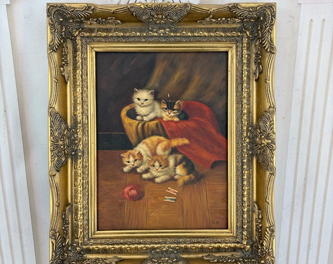 Vintage Cat Family Painting - Kittens in a Basket - Charming Animal Wall Art - Ornate Gold Frame - Cats Art