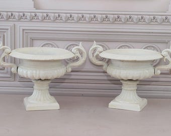 Pair Art Nouveau Cast Iron Planters - White Garden Vases