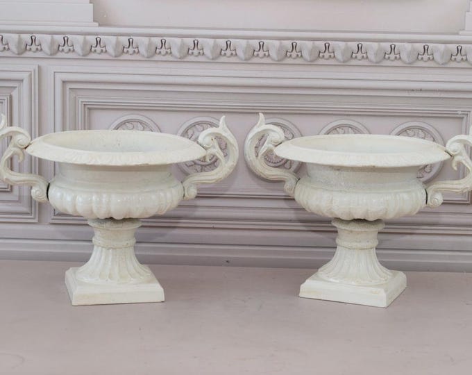 Pair Cast Iron Flower Pot - White Garden Vases - Cast Iron Garden Decoration - Planters Art Nouveau Style - Home and Garden Decoration