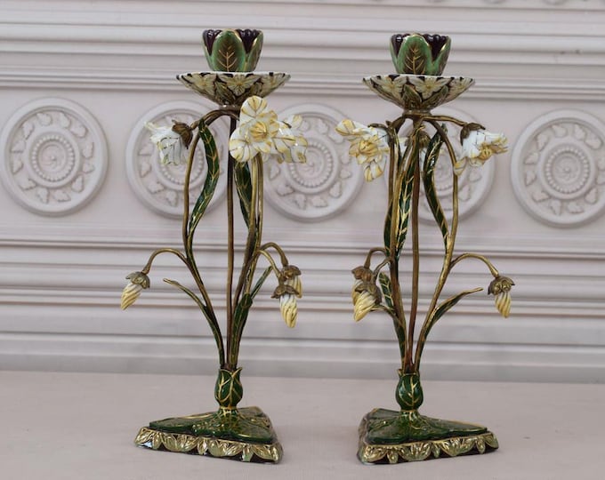 Vintage Floral Porcelain Candlesticks - Green, Black & Bronze Pair