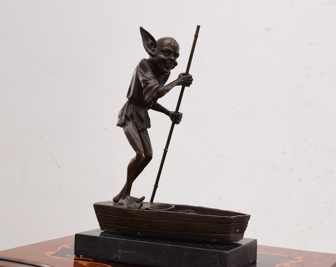 Elf on the Boat - Bronze Statue on Marble Base - Funny Gnome Pixie Bronze Sculpture - Gift Idea - Elf Bronze -