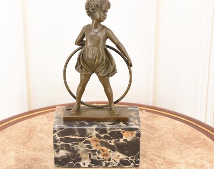 Art Deco Bronze Girl with Hula Hoop Statue on Marble Base