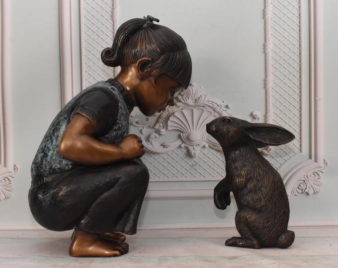 Bronze Garden Statue: Young Girl with Rabbit Sculpture, Outdoor Decor