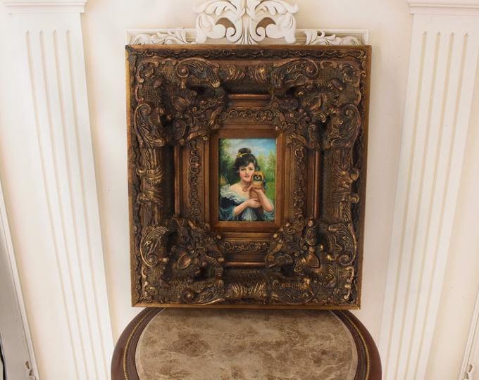 Girl with Dog Painting: Old Oil on Wood, Golden Frame, French Art