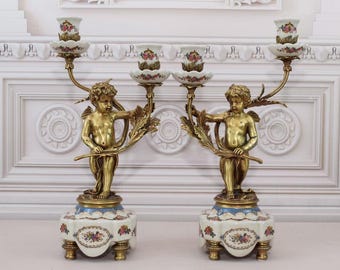 Vintage Porcelain Candlesticks with Bronze Angels - Antique Home Decor