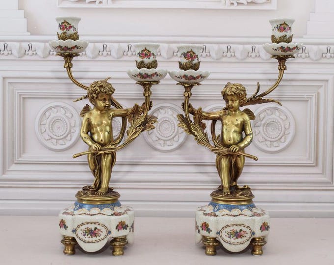 Vintage Porcelain Set Candlesticks - Porcelain with Bronze Angels - Candlesticks Angels - Antique Porcelain - Home Decor - Gift for Wedding