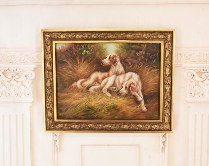 Vintage Hunting Dogs Painting on Wood – Framed Animal Art
