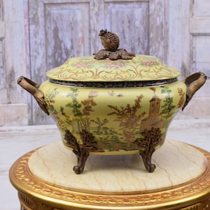 ブロンズ装飾が施されたアンティークの黄色の磁器ボウル - アールヌーボー磁器 - 彩色・金箔磁器 - 室内装飾 - ギフトアイデア