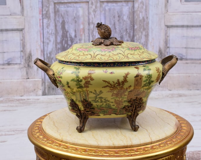 Antique Yellow Porcelain Bowl with Bronze Ornaments - Art Nouveau Porcelain - Painted and Gilded Porcelain - Home Decor - Gift Idea