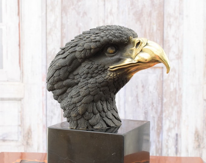 Eagle Head Bronze Sculpture - Eagle Bronze Statue on Marble Base - Vintage Figurine - Gift Idea -