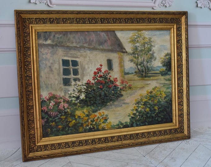Vintage Polish Painting – Korecki Style Cottage Scene – Rustic Floral Landscape – Old Village Garden – Country Wall Art Decor - Gift Idea