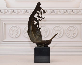 Flying Birds Bronze Statue on Marble Base - Modernist Home Decor