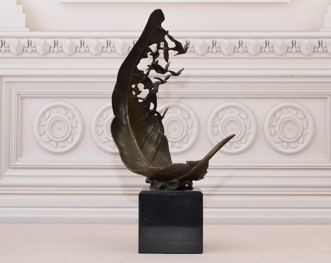 Flying Birds Bronze Statue on Marble Base - Bronze Feather - Modernist Figure - Home Decor - Gift for Wedding, Birthday, Housewarming