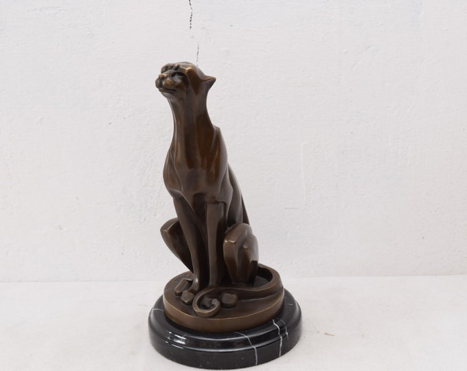 Sitting Modernist Jaguar Bronze - Panther Bronze Statue - Large Sculpture Animal Gift Idea -