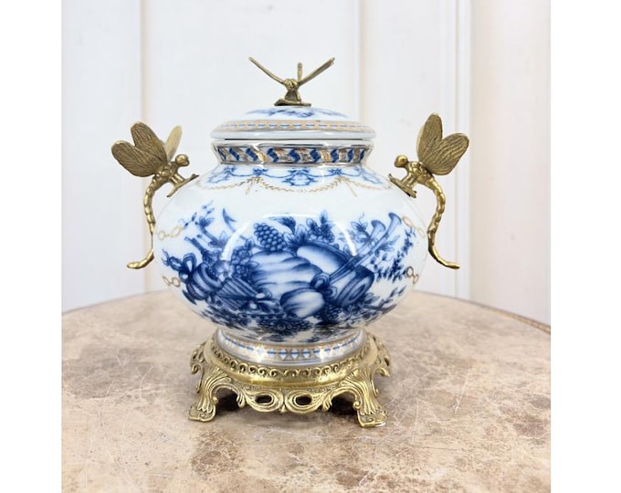 Vintage French Porcelain Box – Blue White Dragonflies, Bronze Ornaments