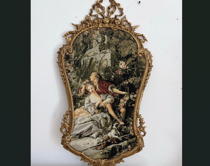 Vintage French Tapestry Wall Art - Aristocratic Lovers - Bronze Frame - Romantic Antique Style Decor