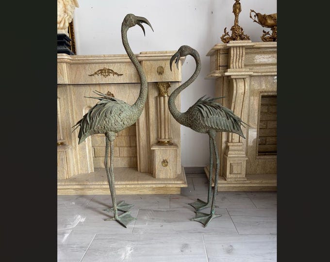 Vintage Bronze Flamingo Fountains Set – Two Patinated Bird Garden Sculptures – Working Water Features