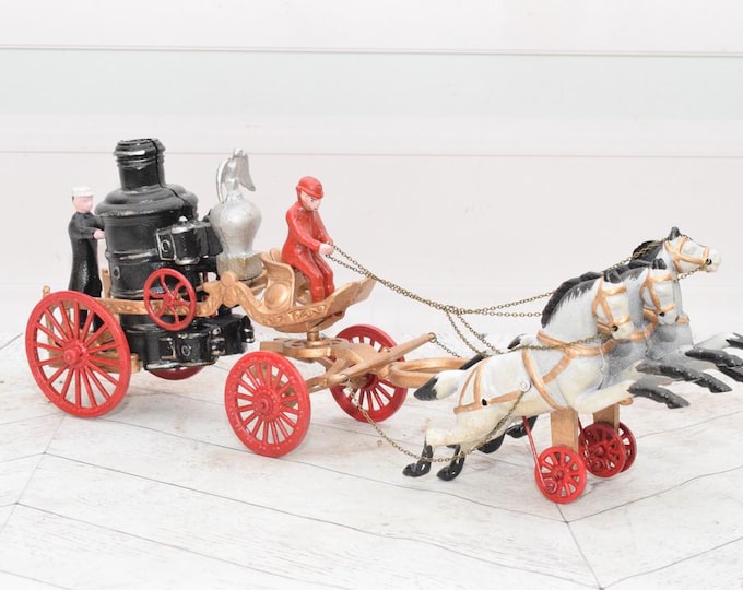 Vintage Cast Iron Fire Truck & Horse Carriage Figurine – Hand Painted Collectible, Colorful Antique, Rustic Decor, Firefighter Gift Idea