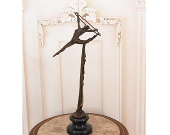 Gymnast with Hoop Bronze on Marble Base - Sash Woman Bronze Sculpture - Woman Statue Female Acrobat - Art Nouveau Bronze - Home Decor