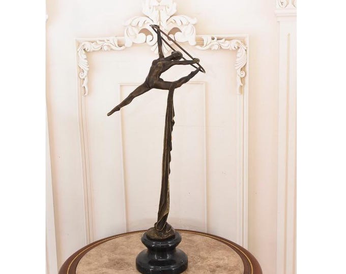 Art Deco Bronze Gymnast Sculpture – Vintage Woman with Hoop on Marble