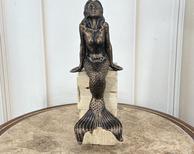 Small Cast Iron Mermaid Statue: Green Patina Home & Garden Decor