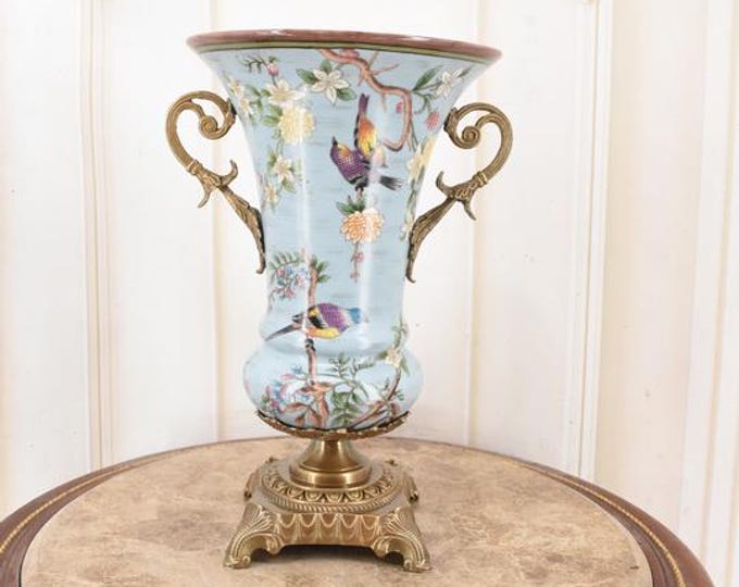Art Nouveau Blue Porcelain Vase with Bronze Mounts, Floral Secession Style