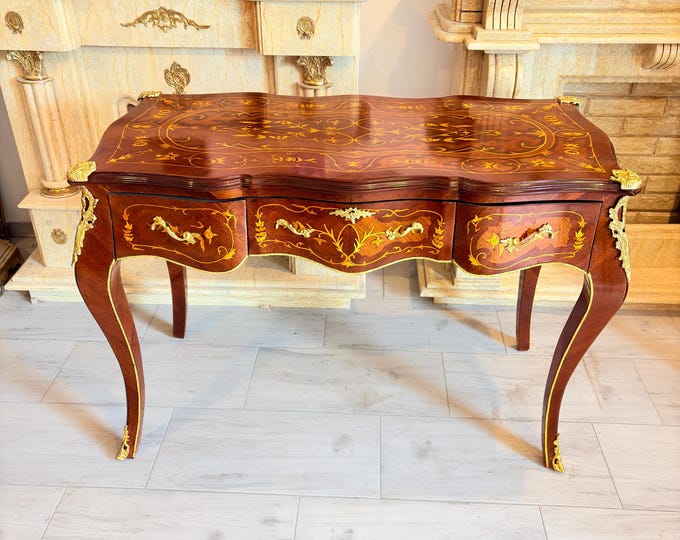 Vintage Louis XVI Style Writing Desk - French Inlaid Wooden Desk - Elegant Antique Style Office Furniture