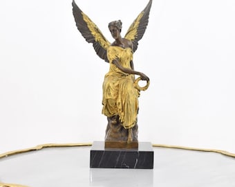 Art Deco Angel Figurine: Bronze Look Sculpture with Gold Laurel Wreath