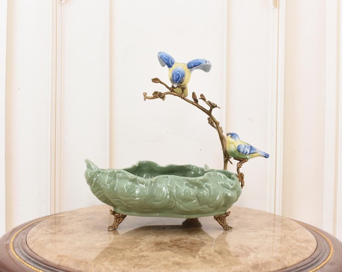 Green Porcelain Plateau – Birds on Branch – Porcelain with Bronze – Decorative Antique Style Centerpiece – Elegant Home Decor Gift
