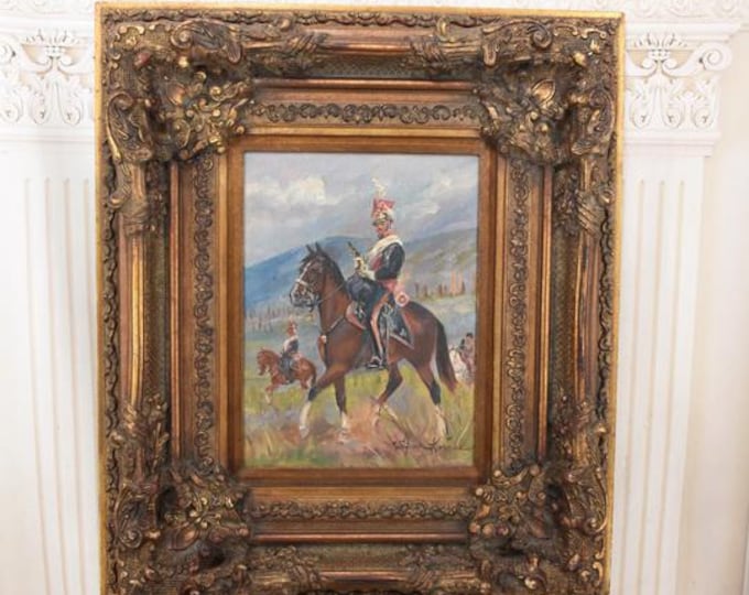 Antique Polish Oil Painting – Soldiers on Horseback, 1930s Canvas Art