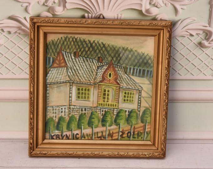 Nikifor Krynicki Painting: Old Krynica Zdroj, Polish Art Pastel on Carton