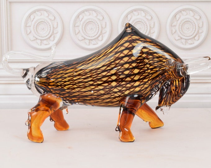 Big Handcrafted Murano Glass Bull Statue - Brown Bull Sculpture - Italian Sculpture - Home Decor - Art Work Bull