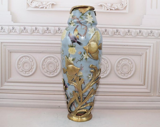 Large Blue Porcelain Flower Pot - Vase Porcelain and Bronze Ornaments Scalars - Bronze Statue Fishes Motiv - Home Decor - Gift for Wedding