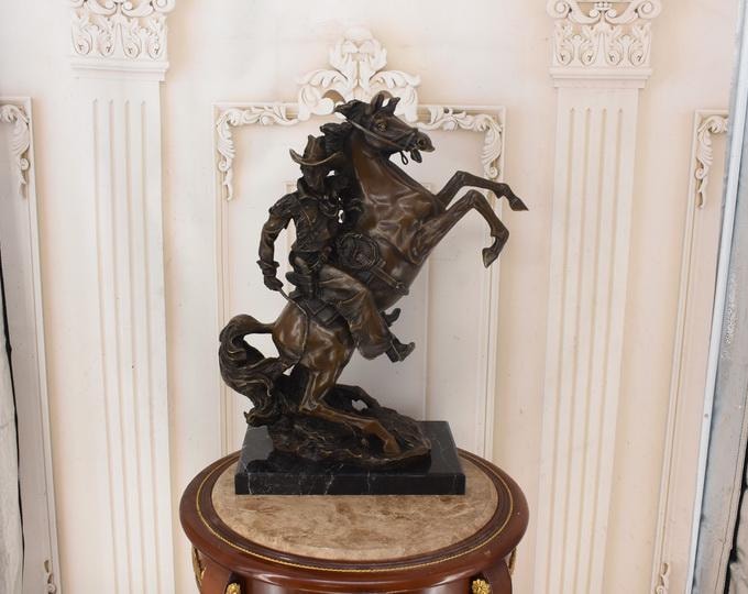 Rodeo Cowboy on Horseback – Large Bronze Sculpture – Western Art – Signed Remington – Monumental Figure