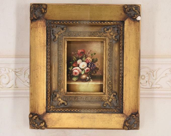 Vintage Miniature Floral Oil Painting – European Still Life Art