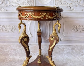 Vintage Empire Style Round Side Table – Beech Wood Table with Bronze Mounts – Porcelain Medallion Top – French Decorative Accent Table