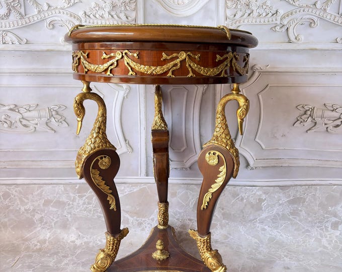 Vintage Empire Style Round Side Table – Beech Wood Table with Bronze Mounts – Porcelain Medallion Top – French Decorative Accent Table