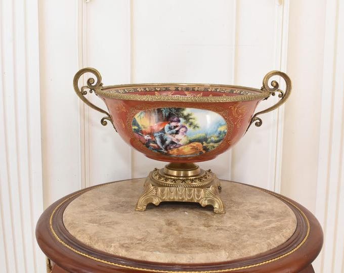 Vintage Art Nouveau Porcelain Fruit Bowl – Bronze Mounted Aristocratic Centerpiece