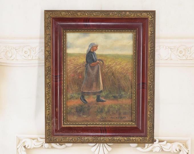 Antique Harvest Scene Oil Painting – Framed Polish Rustic Art Chelmonski