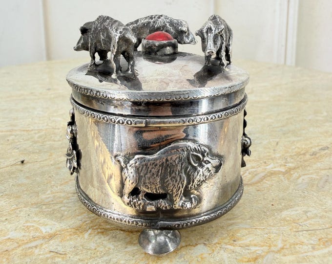 Antique Silver Round Box – Wild Boar Motif – Marked 84 – Rare Collectible