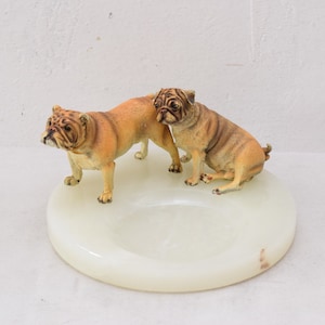 Onyx Ashtray with Bronze -2  Dogs Figurine French Bulldogs - Exclusive Gift Idea -
