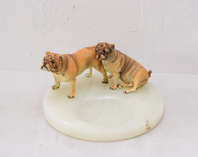 Onyx Ashtray with Bronze -2  Dogs Figurine French Bulldogs - Exclusive Gift Idea -