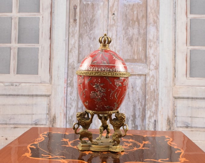 Unique Red Egg -  Porcelain with Bronze - Porcelain Box - Lions Figurines and Floral Ornaments - Lion Statue - Home Decor - Foundry Mark