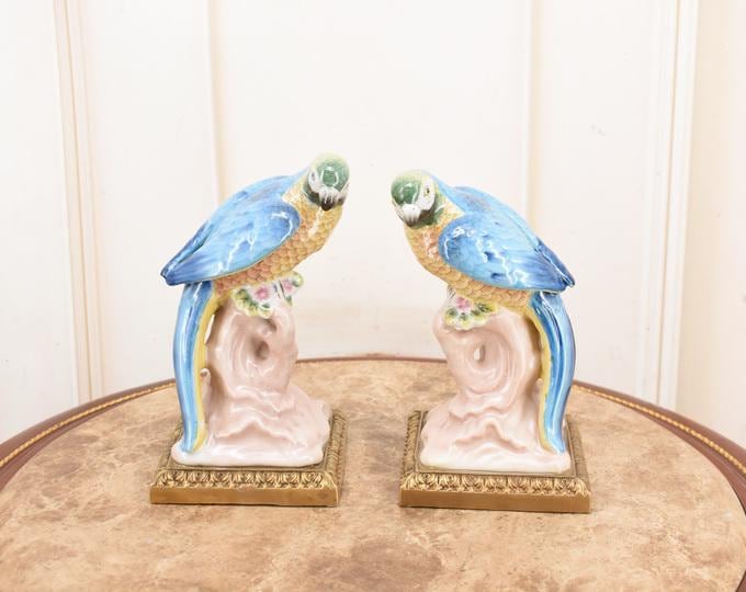 Vintage Porcelain Parrot Bookends – Bronze Ornaments, Signed Colorful Decor