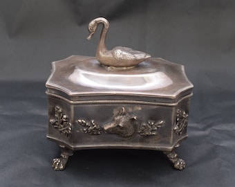 Antique Silver Sugar Box - Hunting Sugar Bowl Swan - Imperial Russia Silver 84 - Tsar Silver - Collector Item - Unique Gift Home Decor