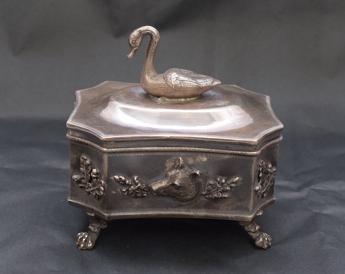 Antique Silver Sugar Box - Hunting Sugar Bowl Swan - Imperial Russia Silver 84 - Tsar Silver - Collector Item - Unique Gift Home Decor